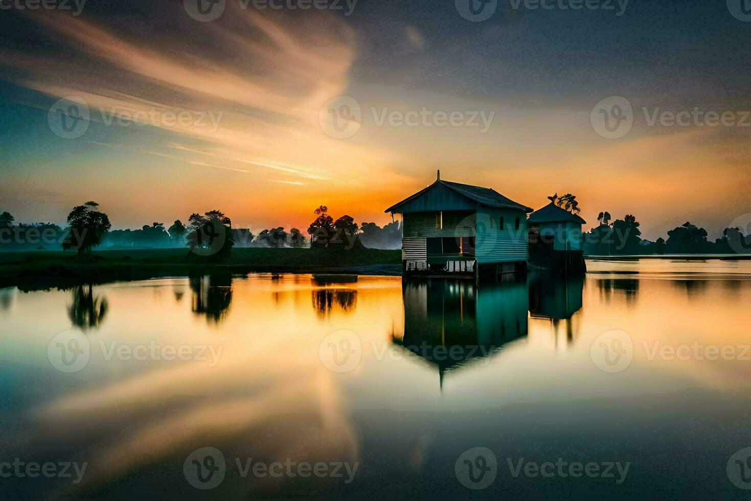 a house on the water at sunset. AI-Generated photo