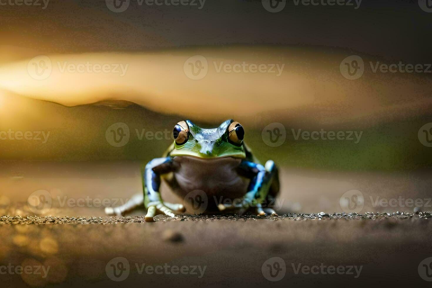 a frog sitting on the ground with the sun in the background. AI-Generated photo