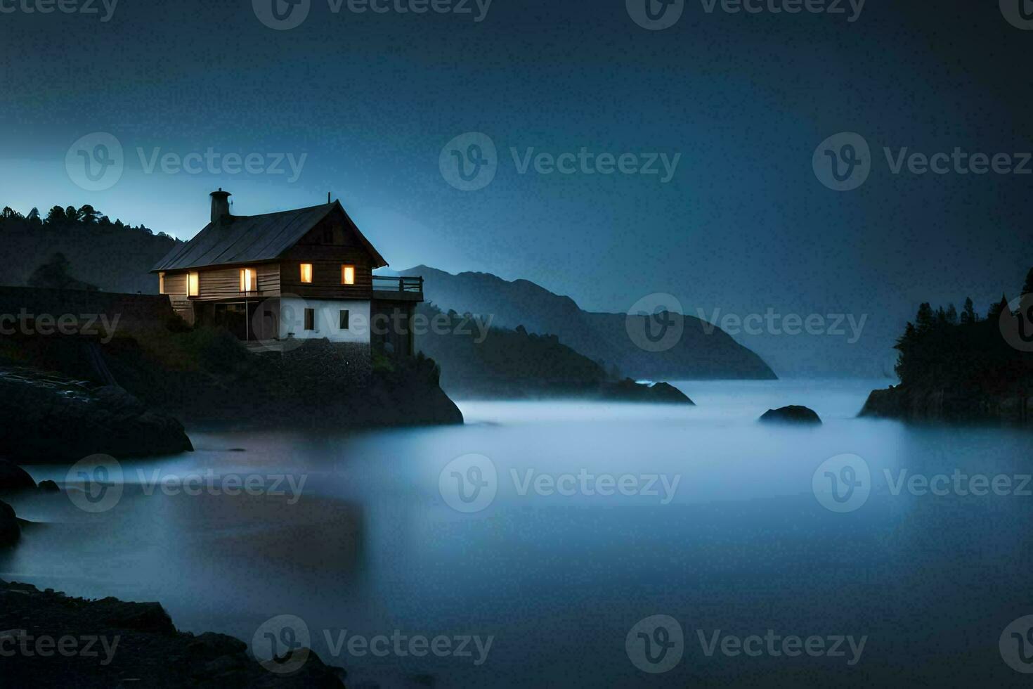 un casa se sienta en el apuntalar de un cuerpo de agua. generado por ai foto