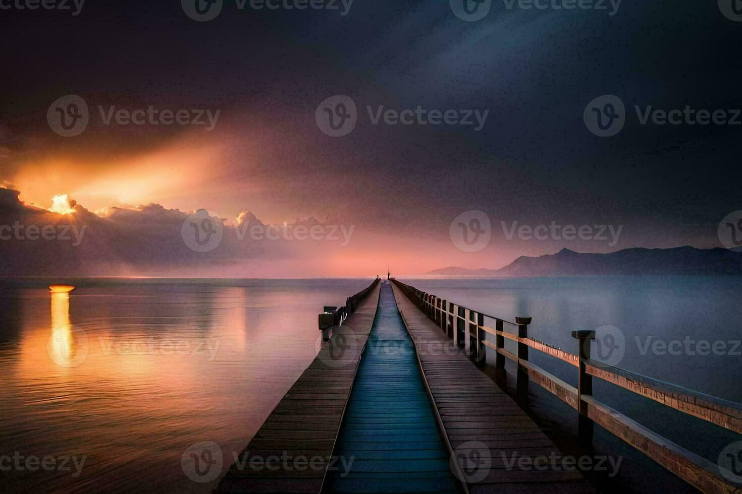 a pier in the middle of a lake with a sun shining. AI-Generated photo