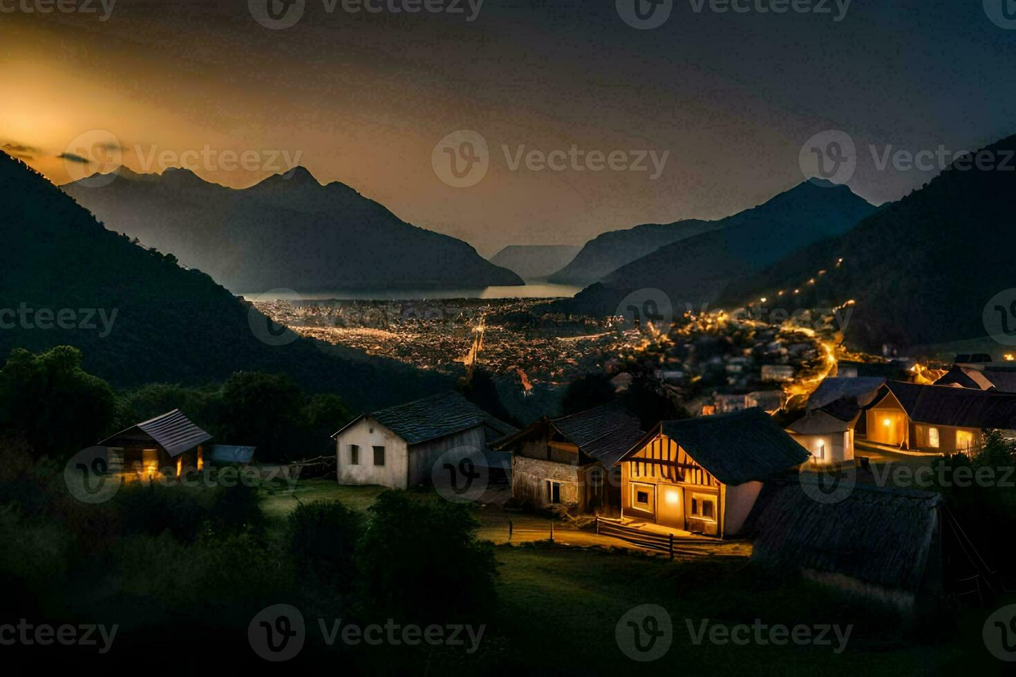 un pueblo en el montañas a noche. generado por ai foto