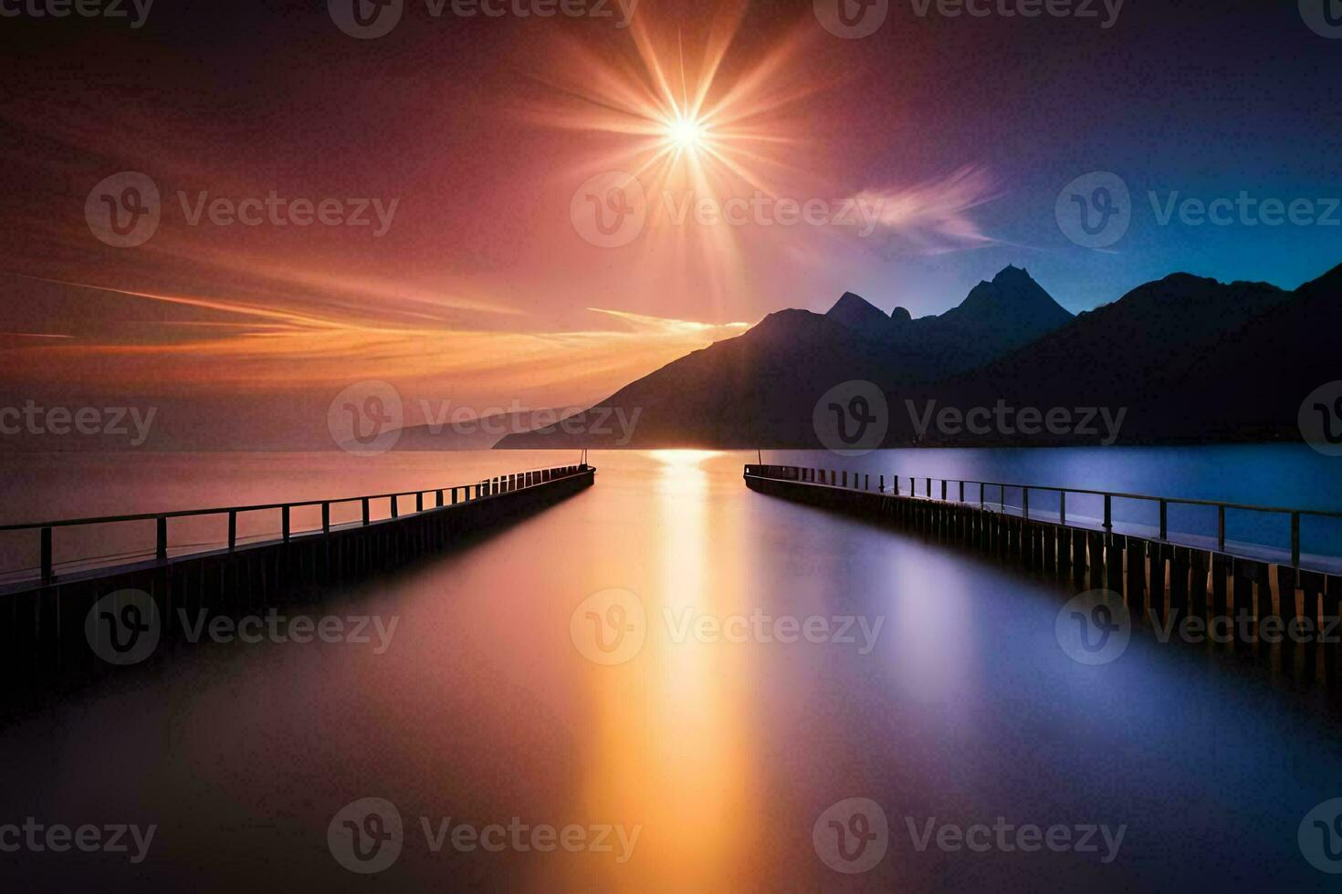 a pier in the middle of a lake at sunset. AI-Generated photo