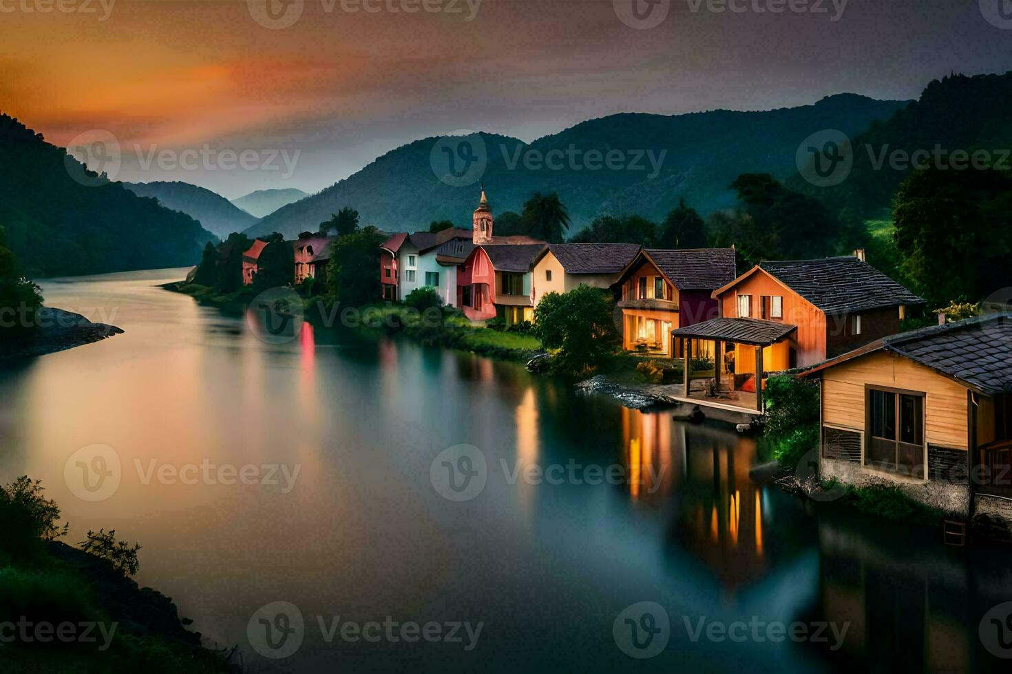 houses on the banks of a river at sunset. AI-Generated photo