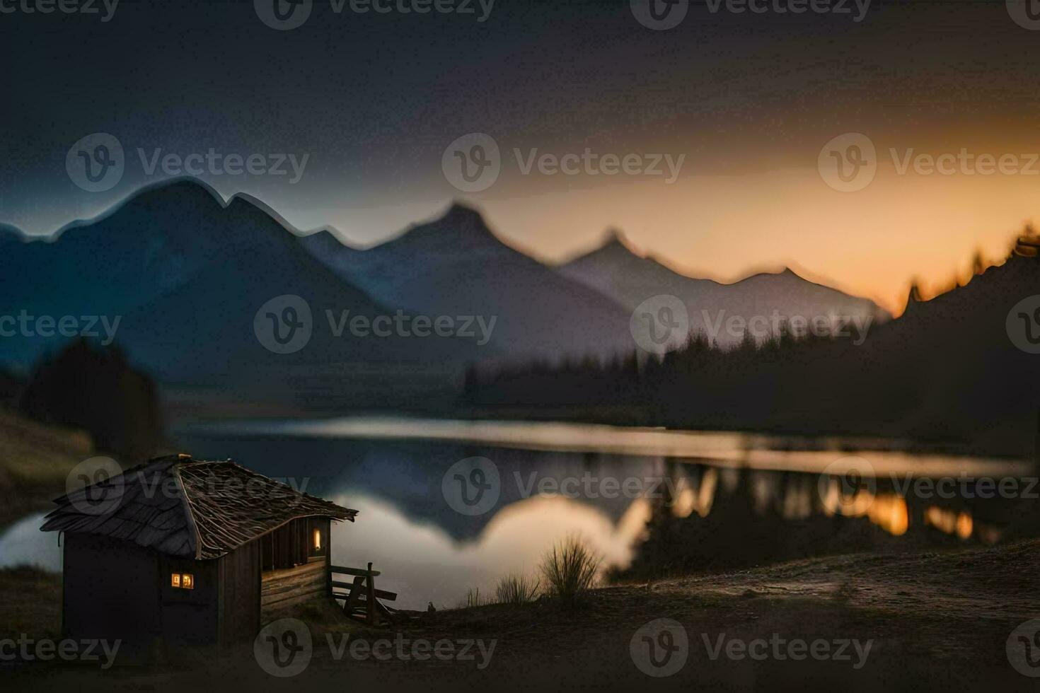 a small cabin sits on the shore of a lake at sunset. AI-Generated photo