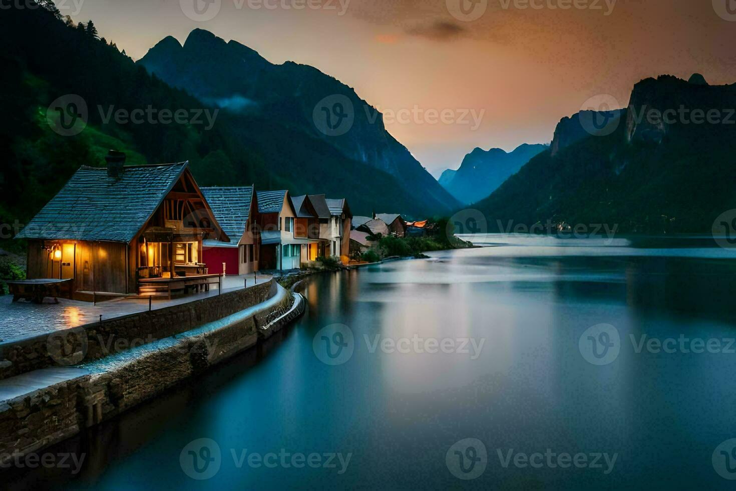 un lago y casas en el montañas a oscuridad. generado por ai foto