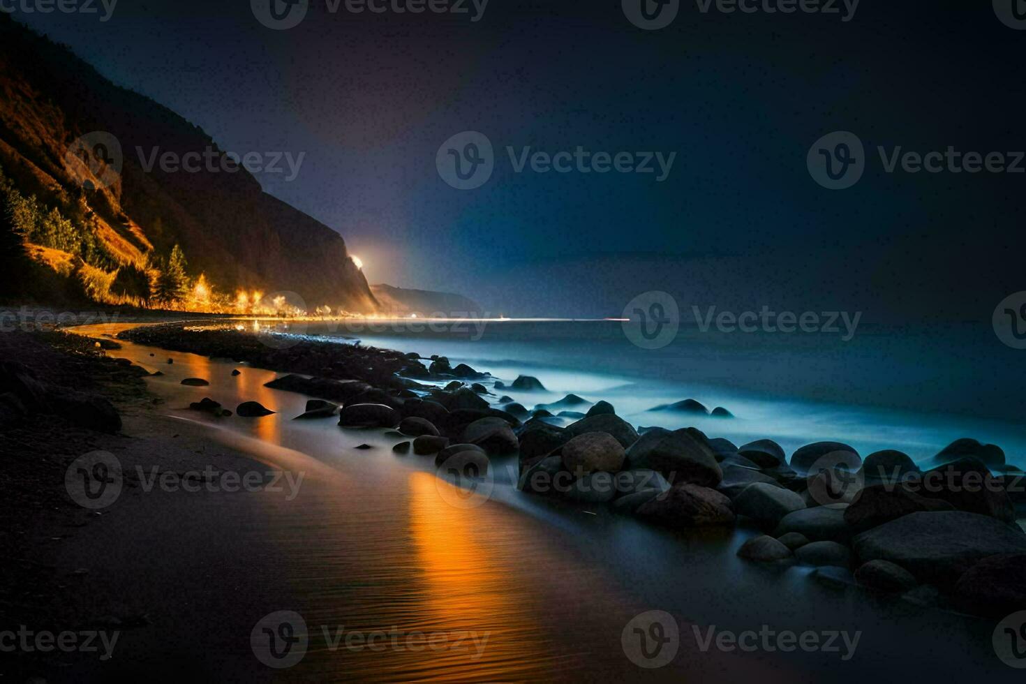 un playa a noche con rocas y agua. generado por ai foto