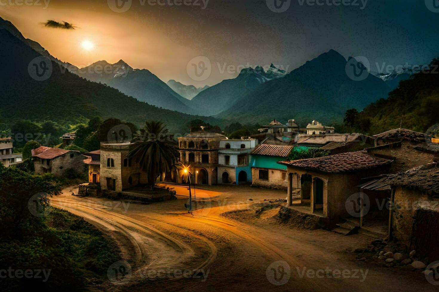 a village in the mountains at sunset. AI-Generated photo