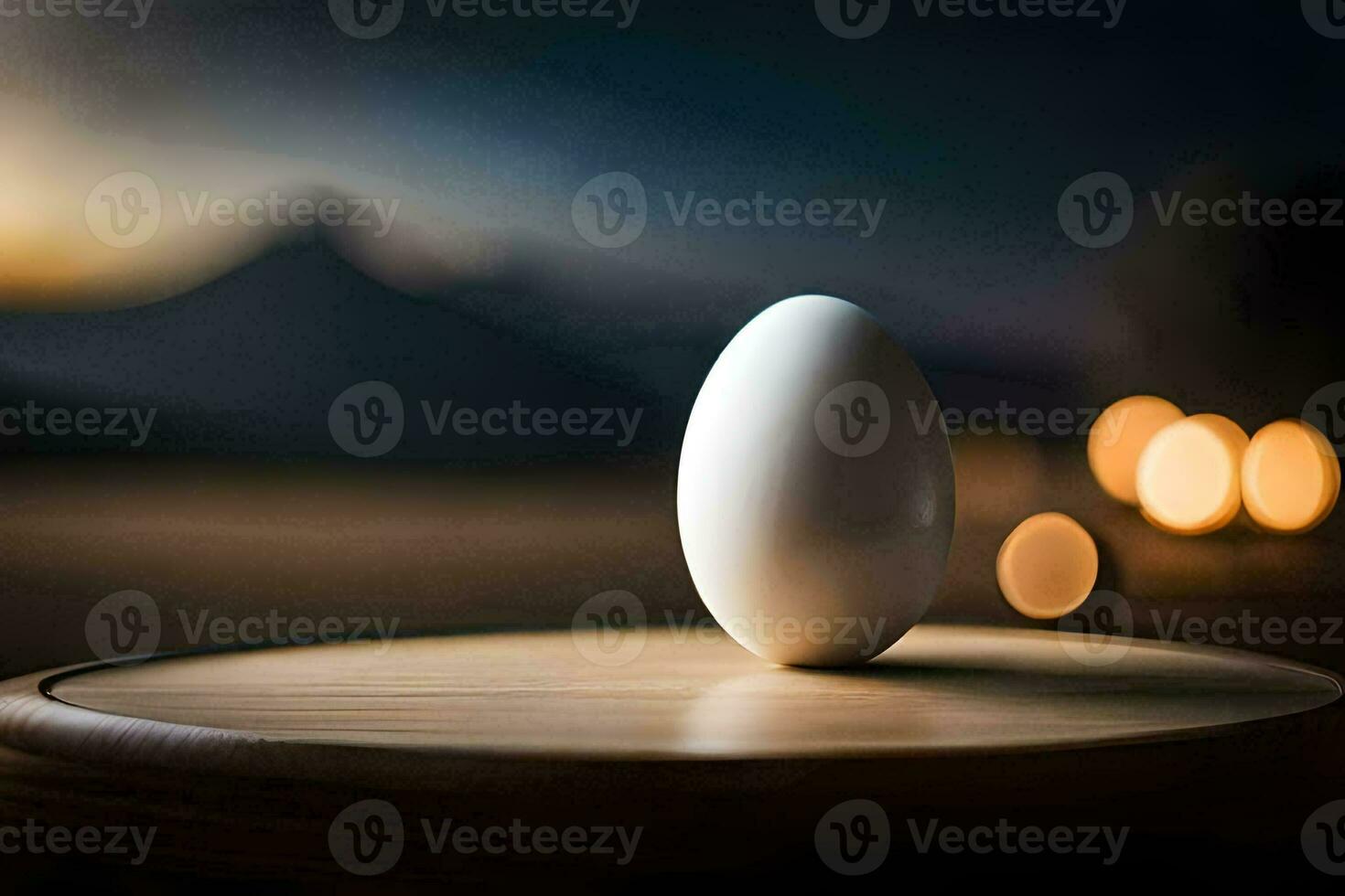 an egg on a wooden table with a mountain in the background. AI-Generated photo