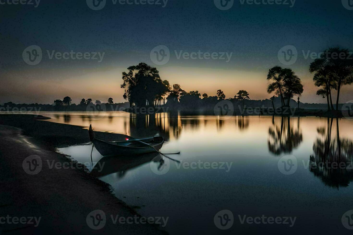 un barco se sienta en el apuntalar a puesta de sol. generado por ai foto