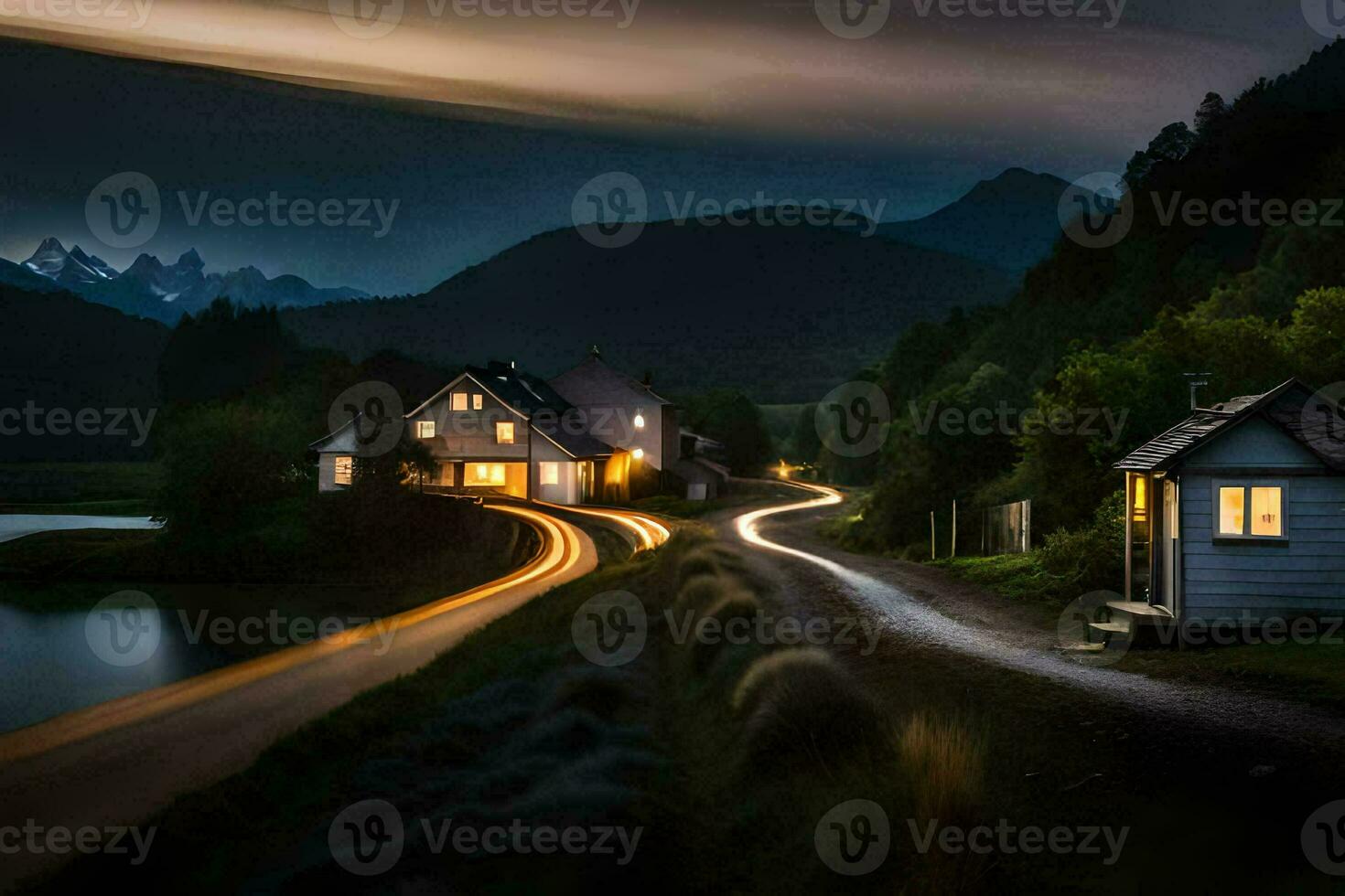a long exposure photo of a house and road in the mountains. AI-Generated