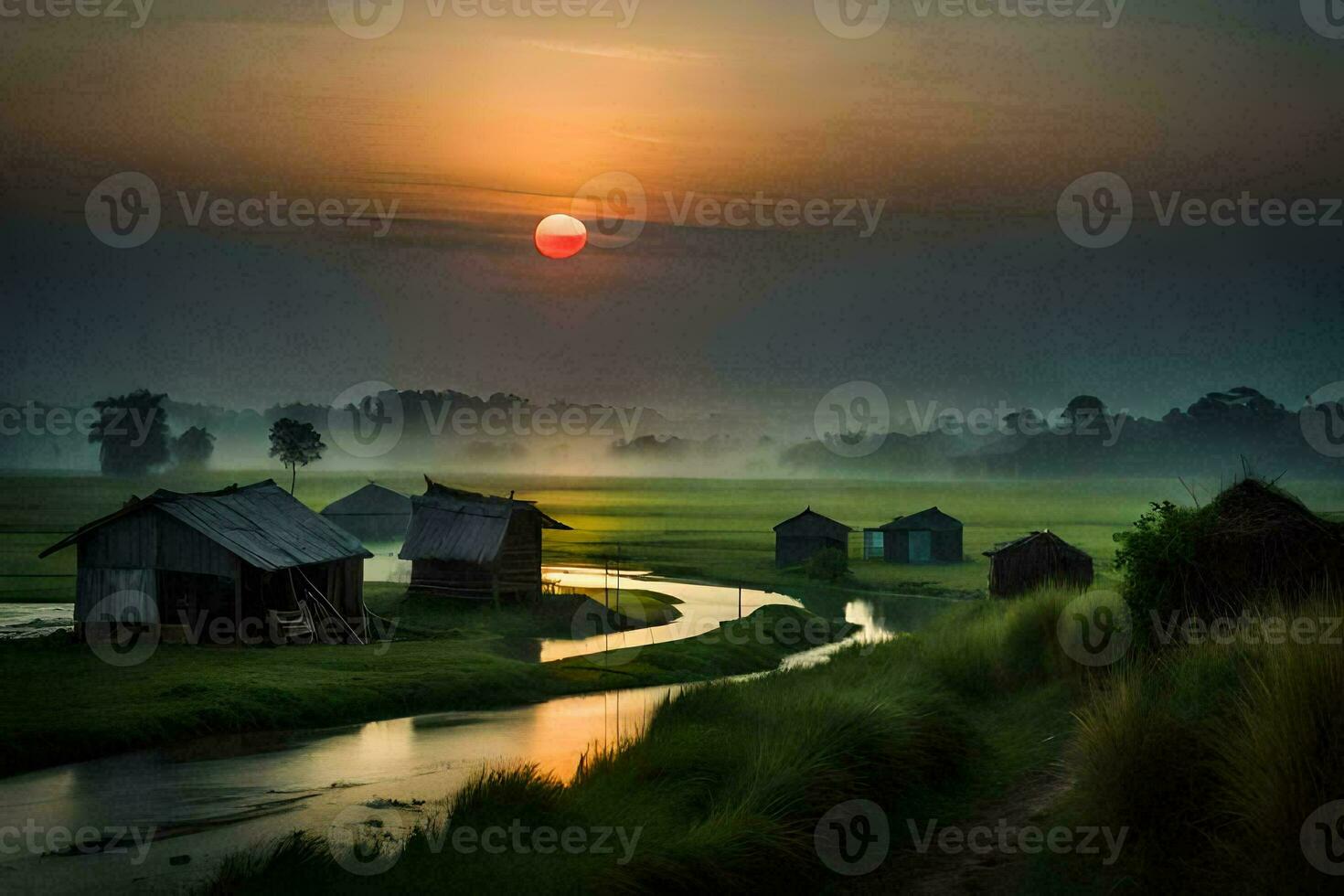 the sun rises over a small village in the middle of a field. AI-Generated photo