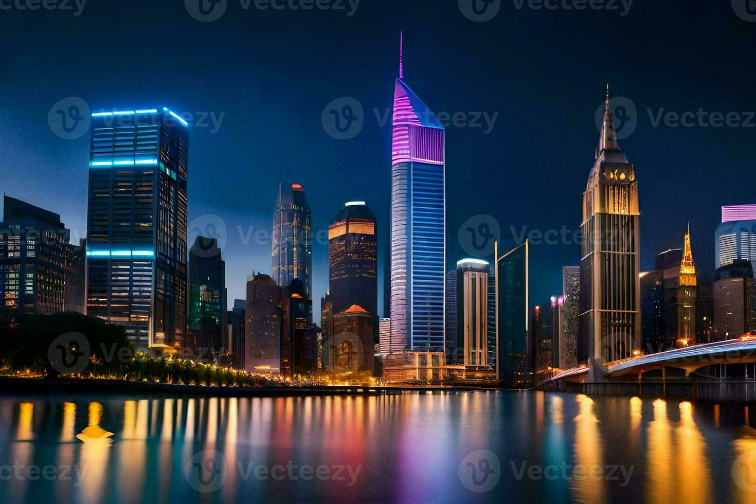 the city skyline is lit up at night. AI-Generated photo