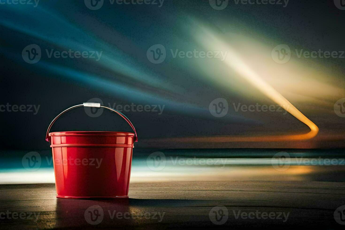 a red bucket sitting on the beach at night. AI-Generated photo