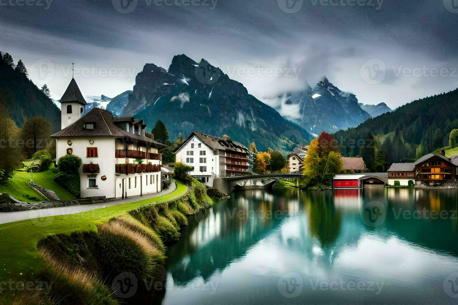 un hermosa montaña pueblo con un lago y montañas en el antecedentes. generado por ai foto