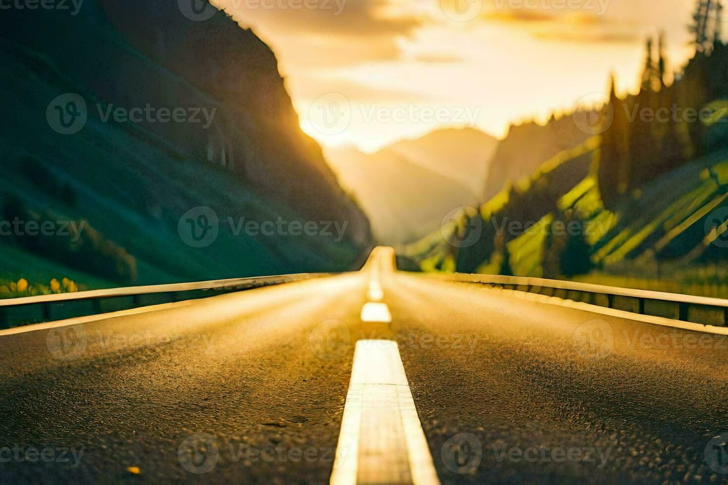 a long empty road with the sun setting behind it. AI-Generated photo