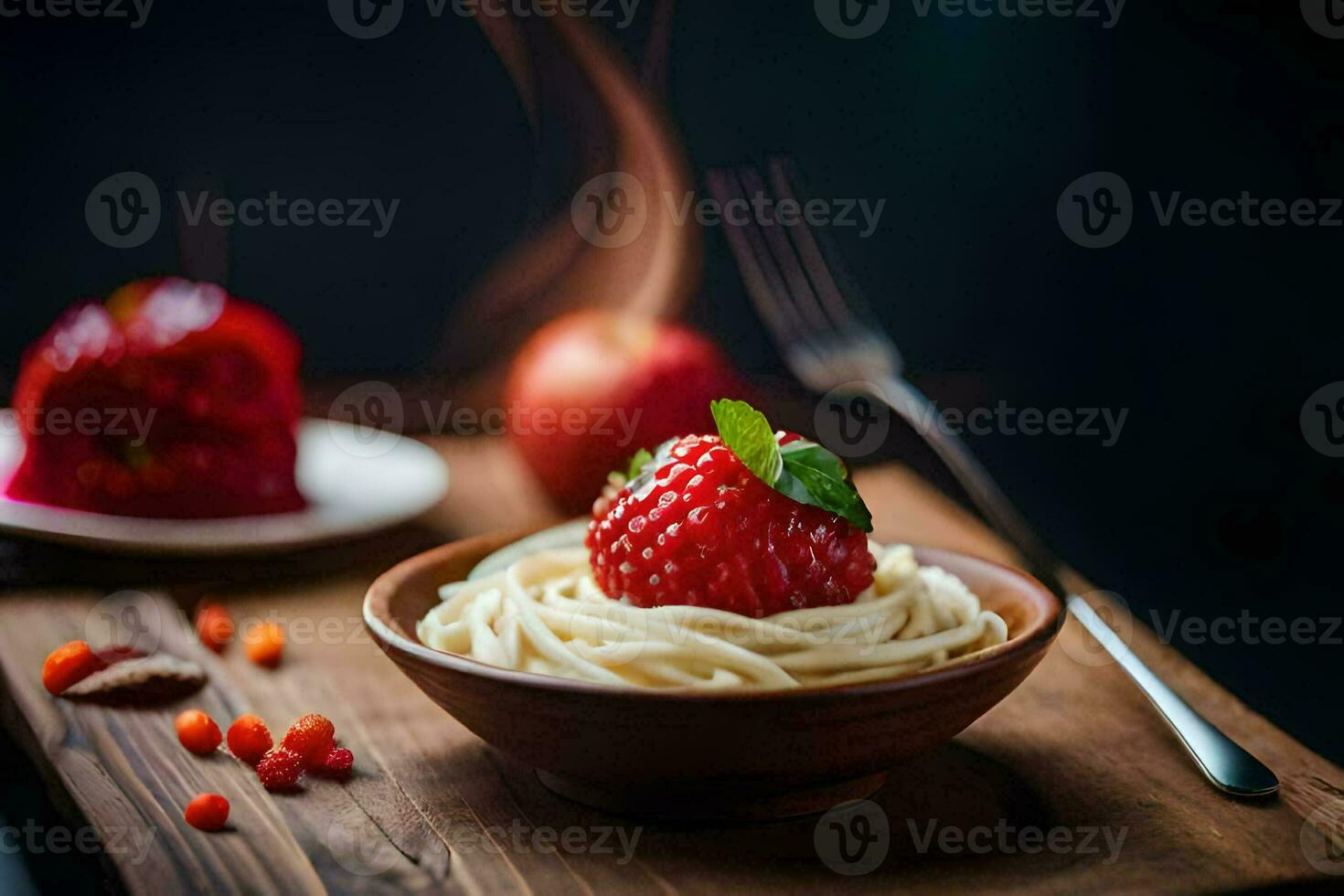 spaghetti with strawberries and berries on a wooden table. AI-Generated photo