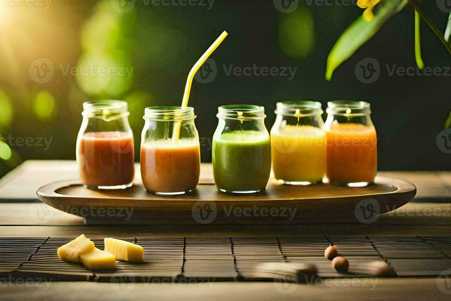 a tray of juices with straws and a wooden board. AI-Generated photo