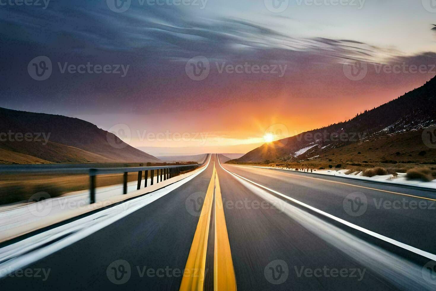 a road with the sun setting in the distance. AI-Generated photo