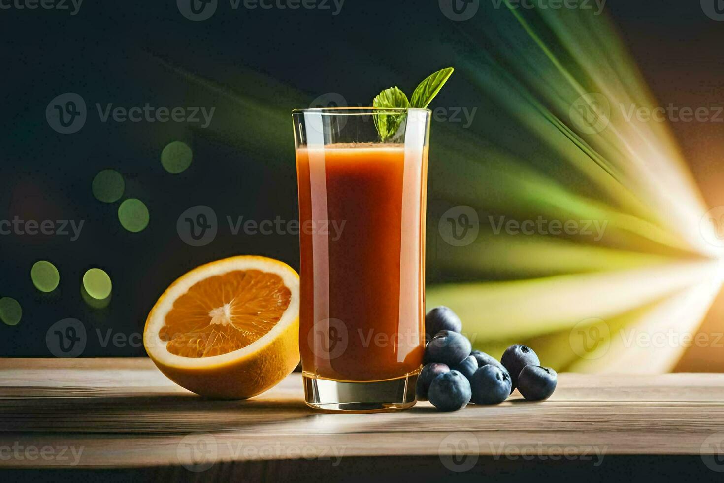 a glass of juice with blueberries and oranges. AI-Generated photo