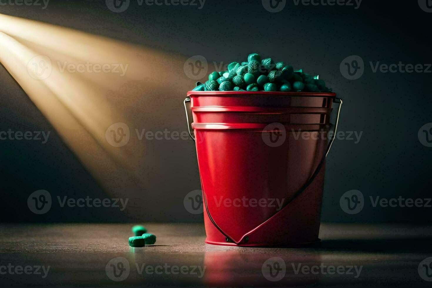 a red bucket filled with green pills. AI-Generated photo