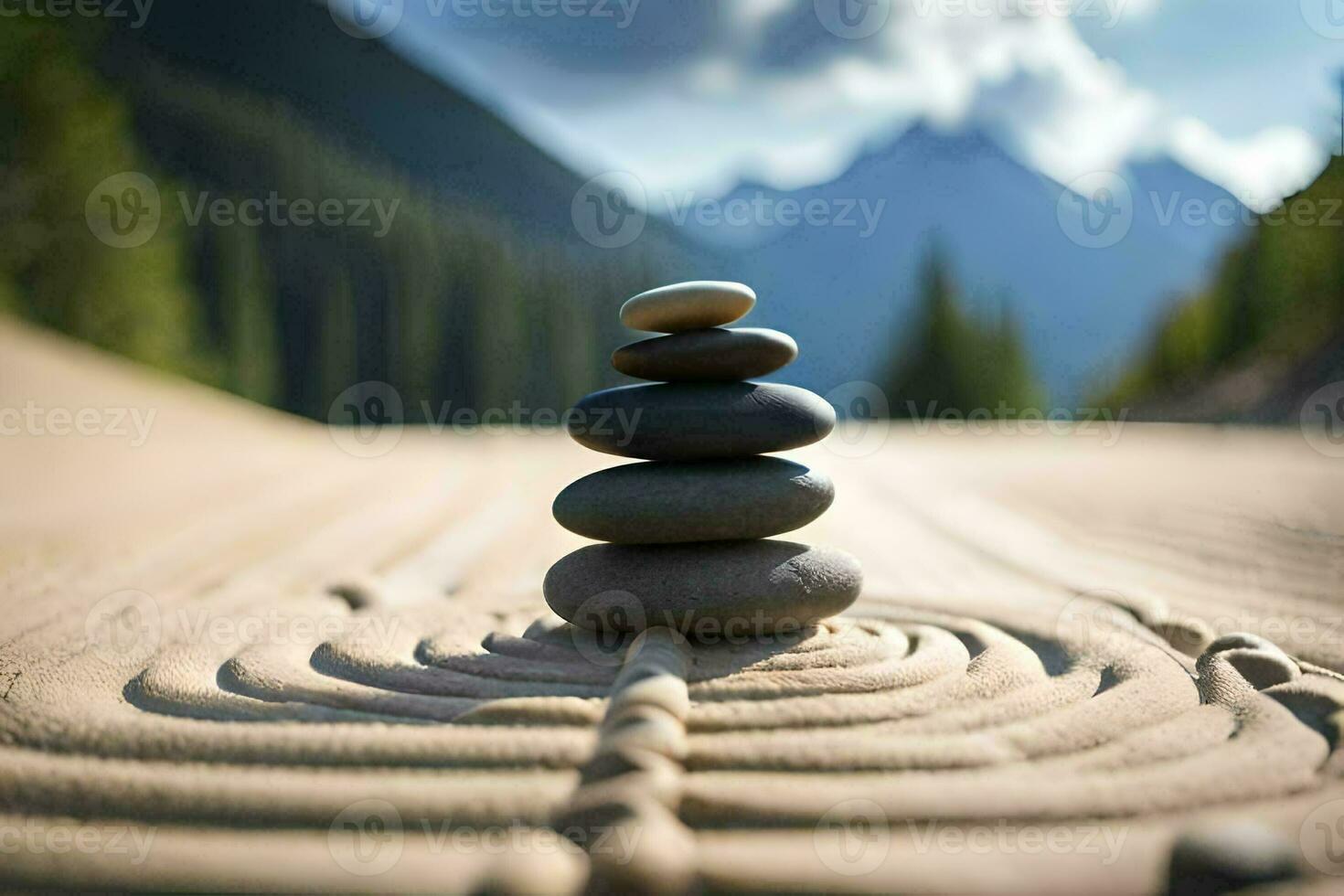 a stack of rocks in the middle of a path. AI-Generated photo