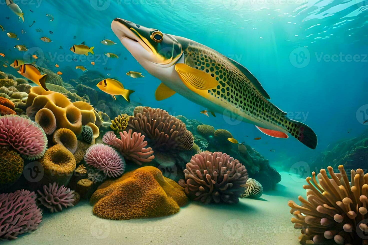 a fish swimming over a coral reef with fish and corals. AI-Generated photo