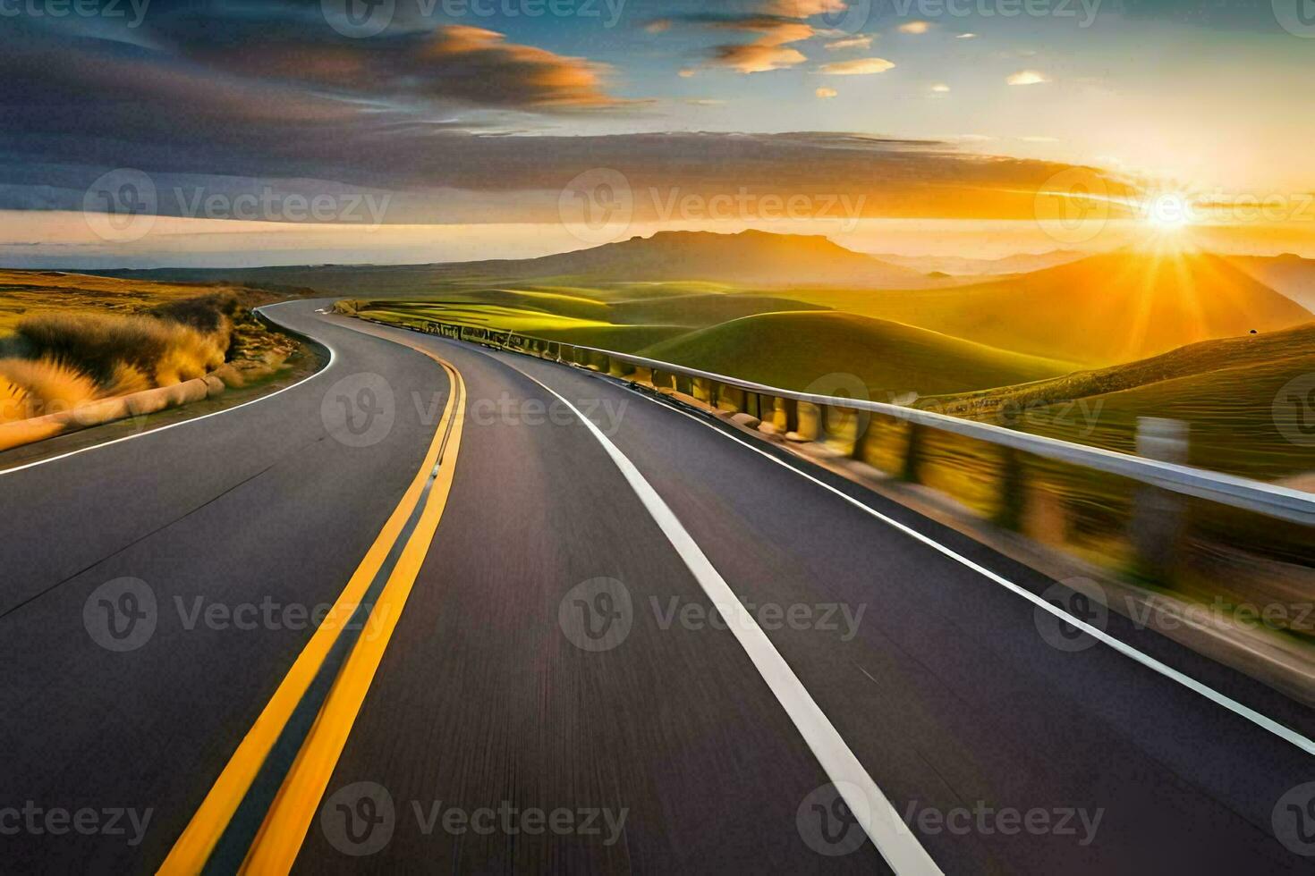 a long road with the sun setting behind it. AI-Generated photo
