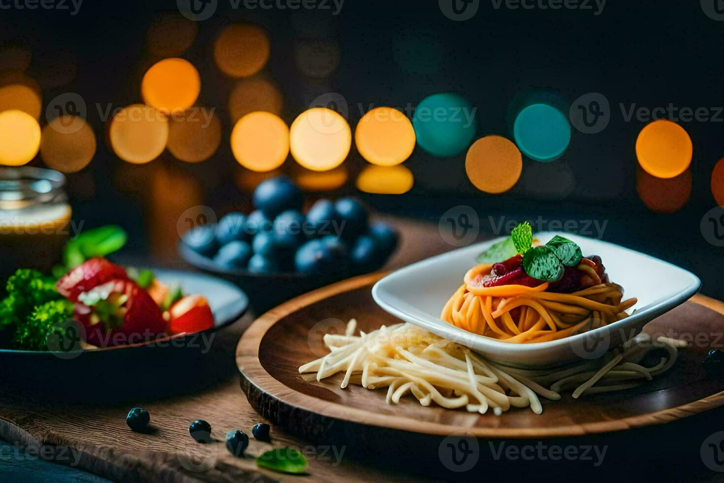 spaghetti with tomato, basil and blueberries on a wooden plate. AI-Generated photo