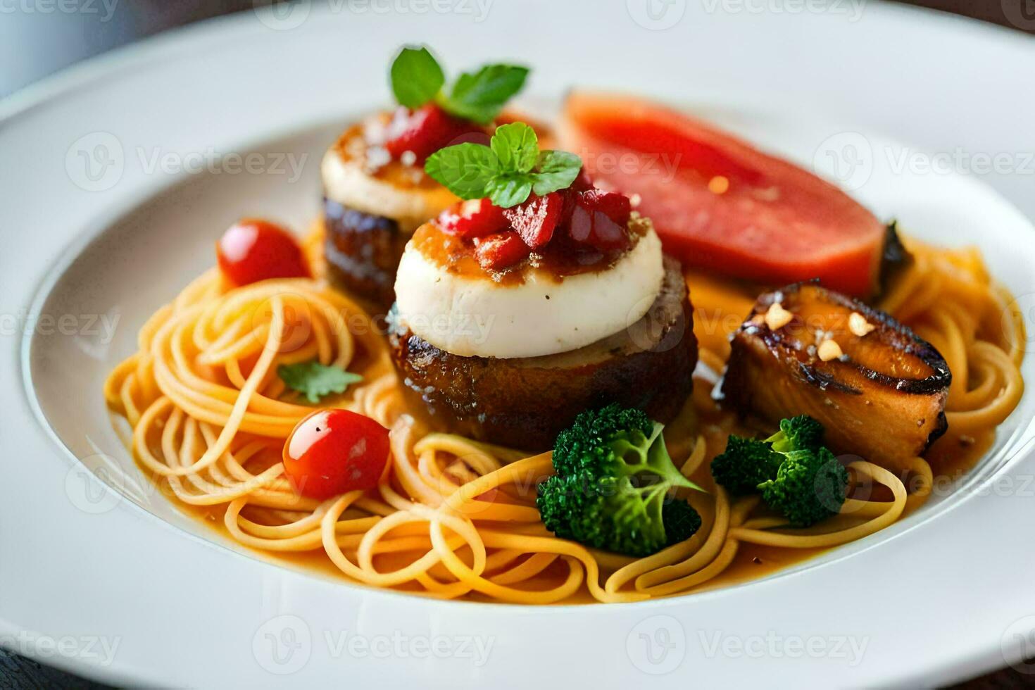 a plate of food with pasta and vegetables. AI-Generated photo