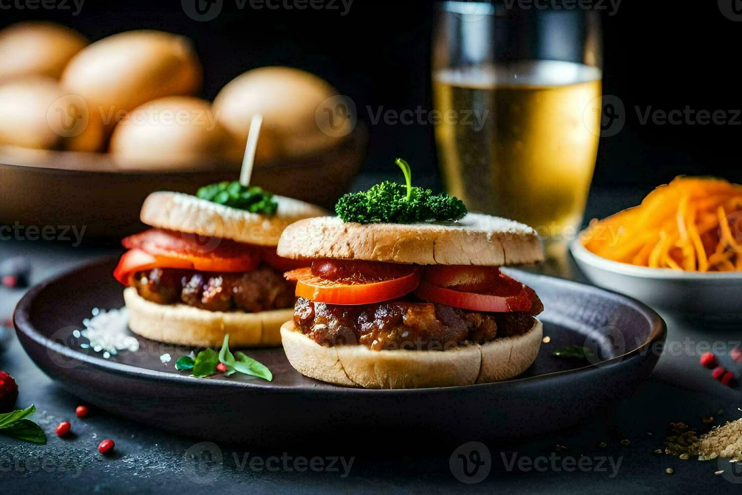 two meatballs on a plate with a glass of beer. AI-Generated photo