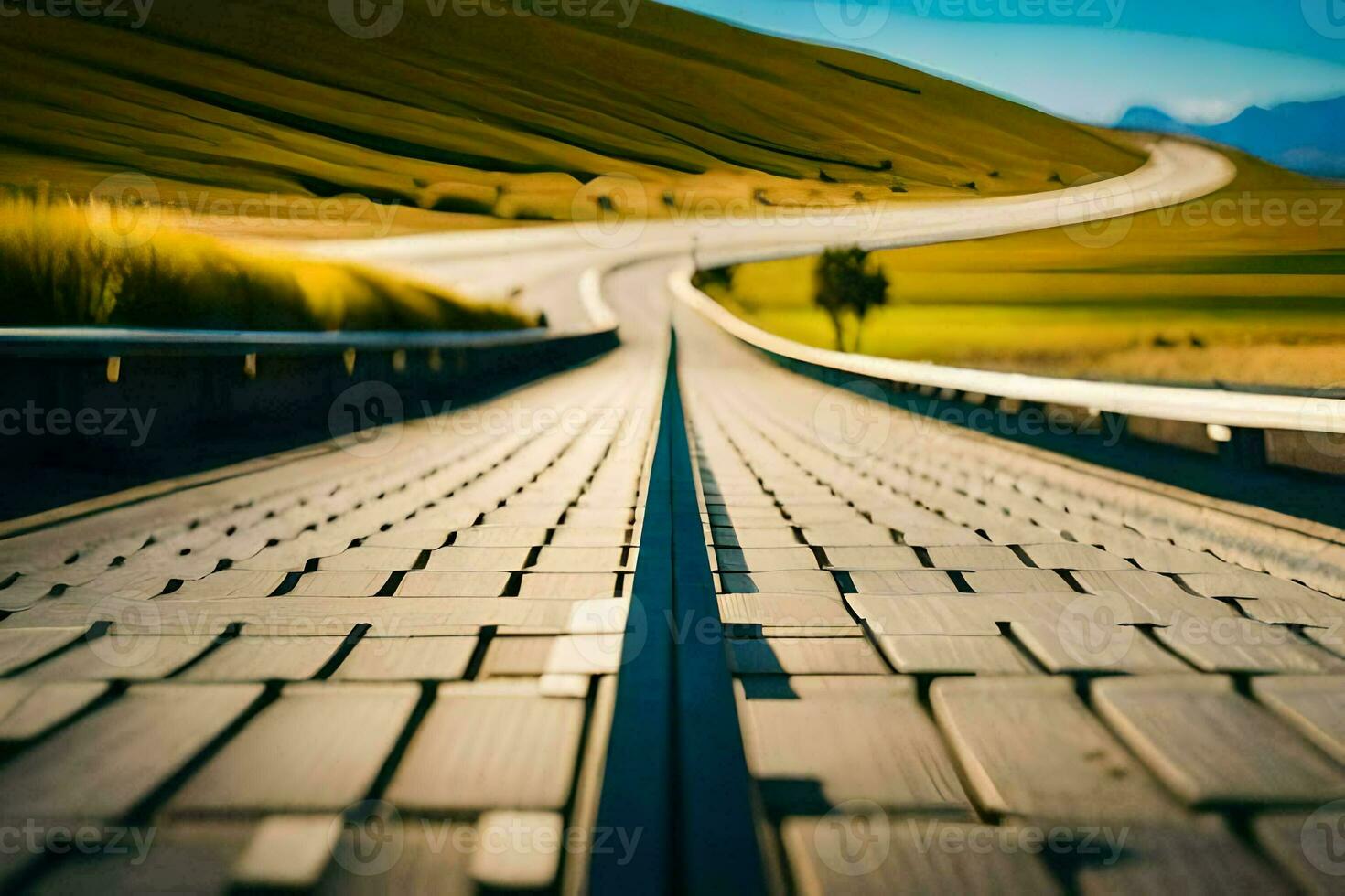 a long road with a grassy field in the background. AI-Generated photo