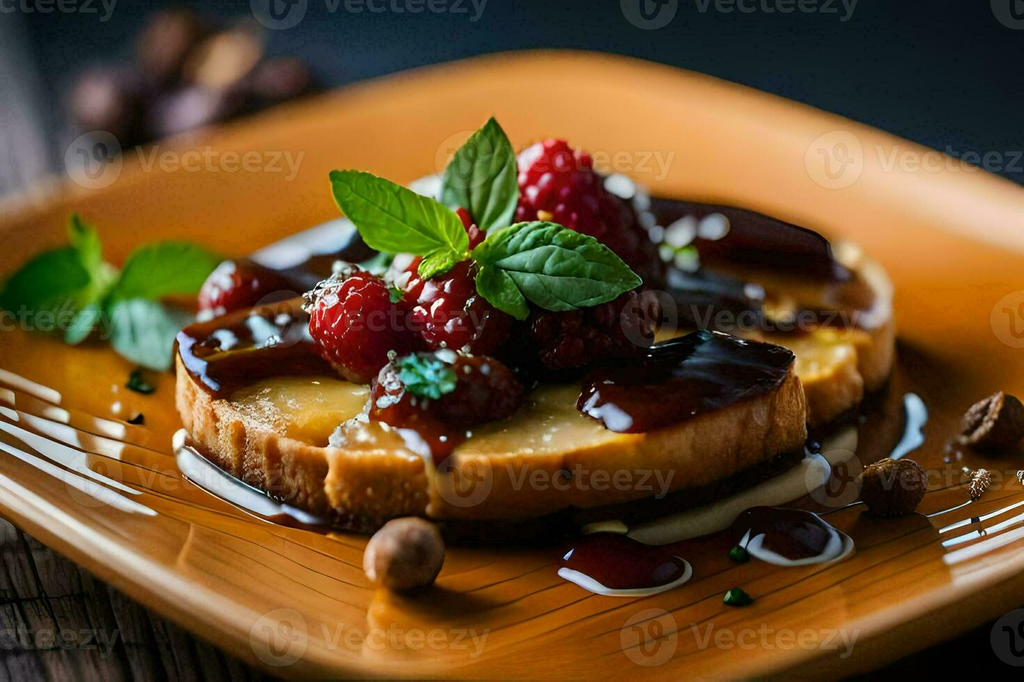 a plate with a piece of toast with berries and syrup. AI-Generated photo