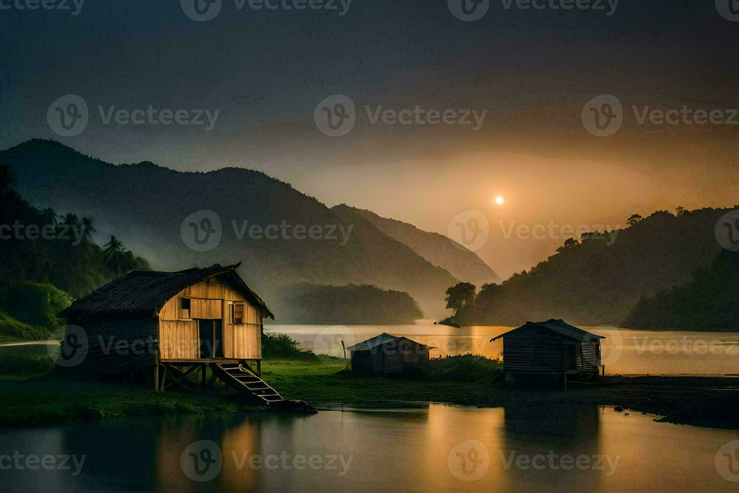 the sun rises over the lake and the mountains. AI-Generated photo