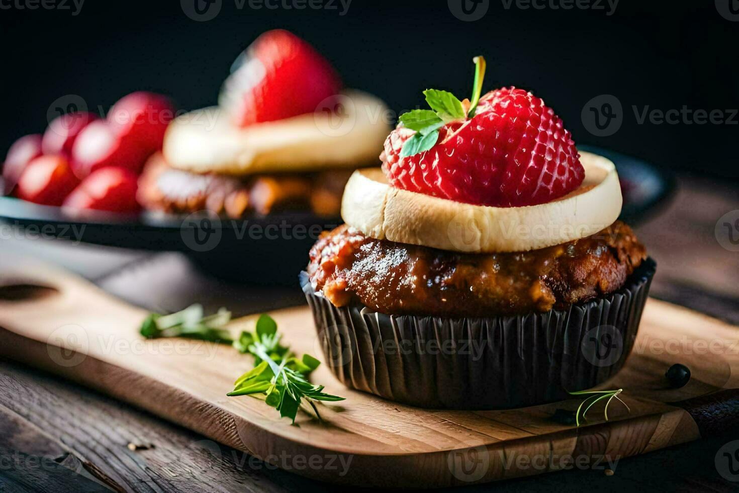 two cupcakes with strawberries on top. AI-Generated photo