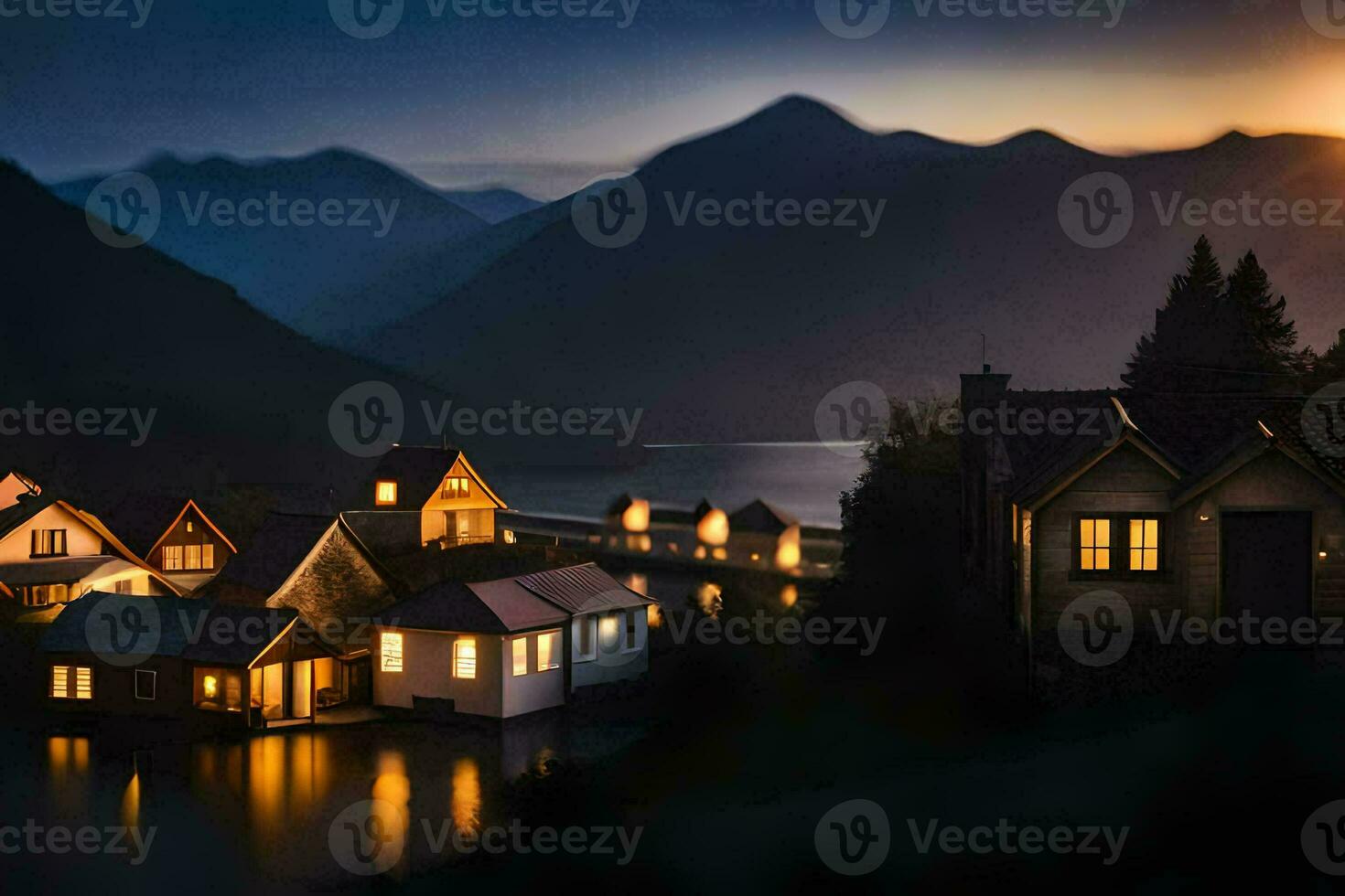 photo wallpaper the sky, mountains, water, houses, the village, the village, the village. AI-Generated