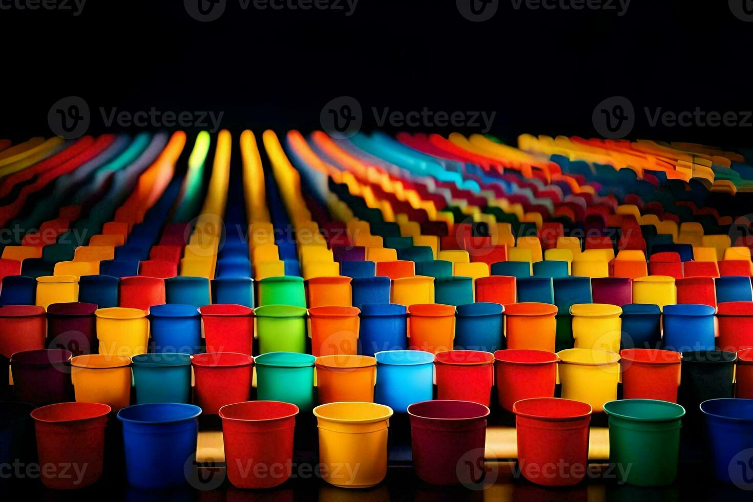 colorful cups are arranged in rows on a black background. AI-Generated photo