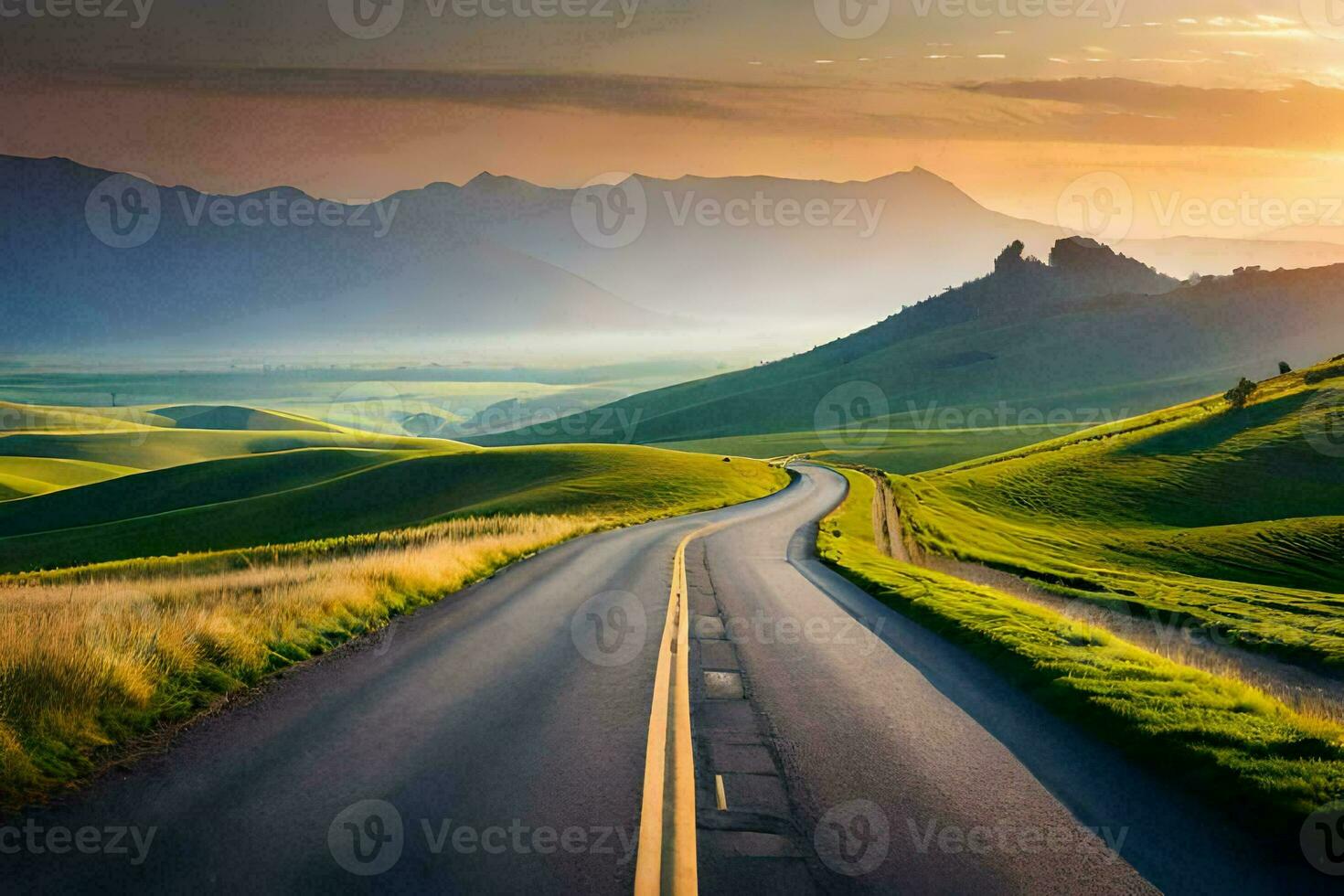 road to the mountains at sunset. AI-Generated photo