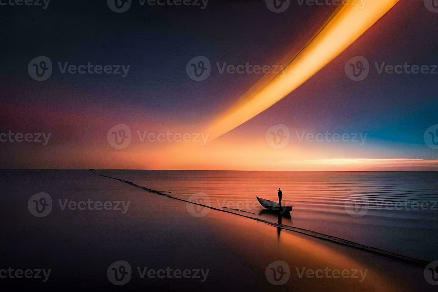 a boat is floating in the ocean at sunset. AI-Generated photo