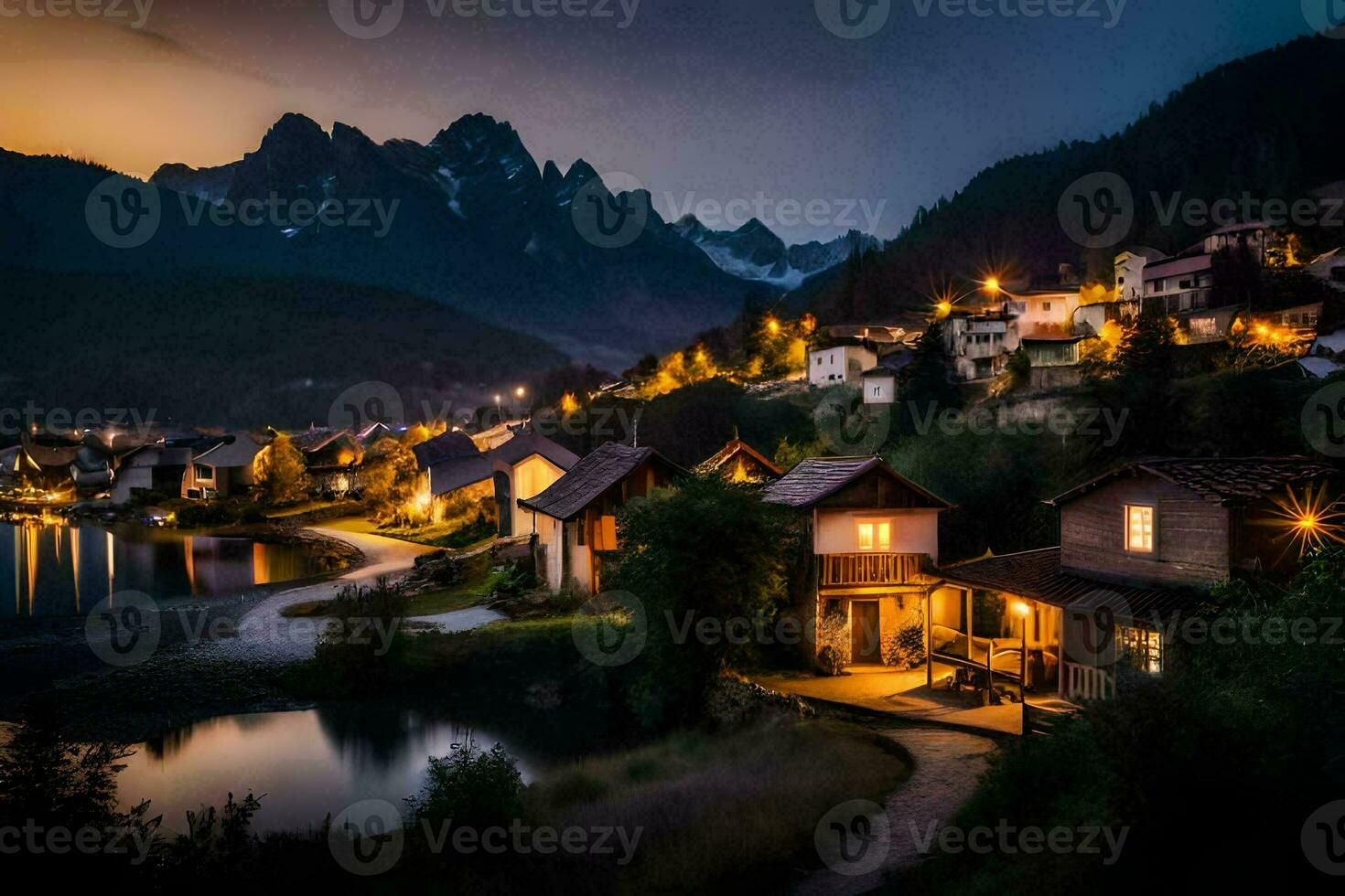 photo wallpaper the sky, mountains, lake, houses, lights, the night, the mountains,. AI-Generated
