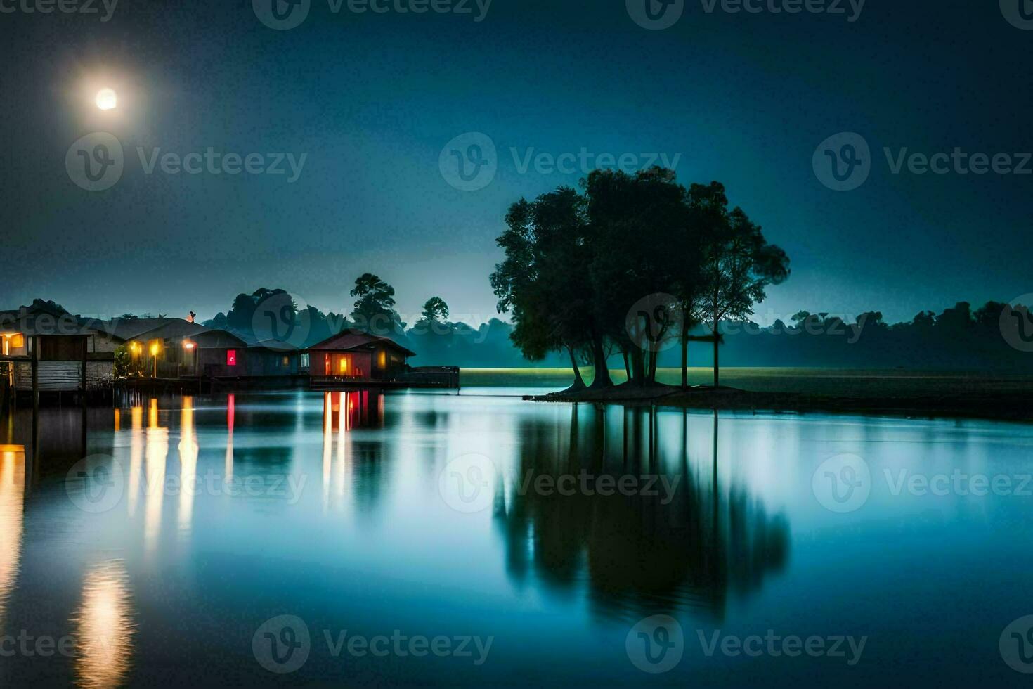 un de luna noche escena con casas en el agua. generado por ai foto