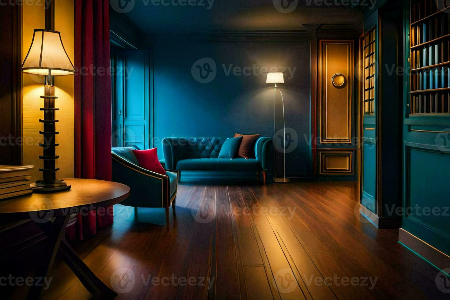 a blue room with a couch and a lamp. AI-Generated photo