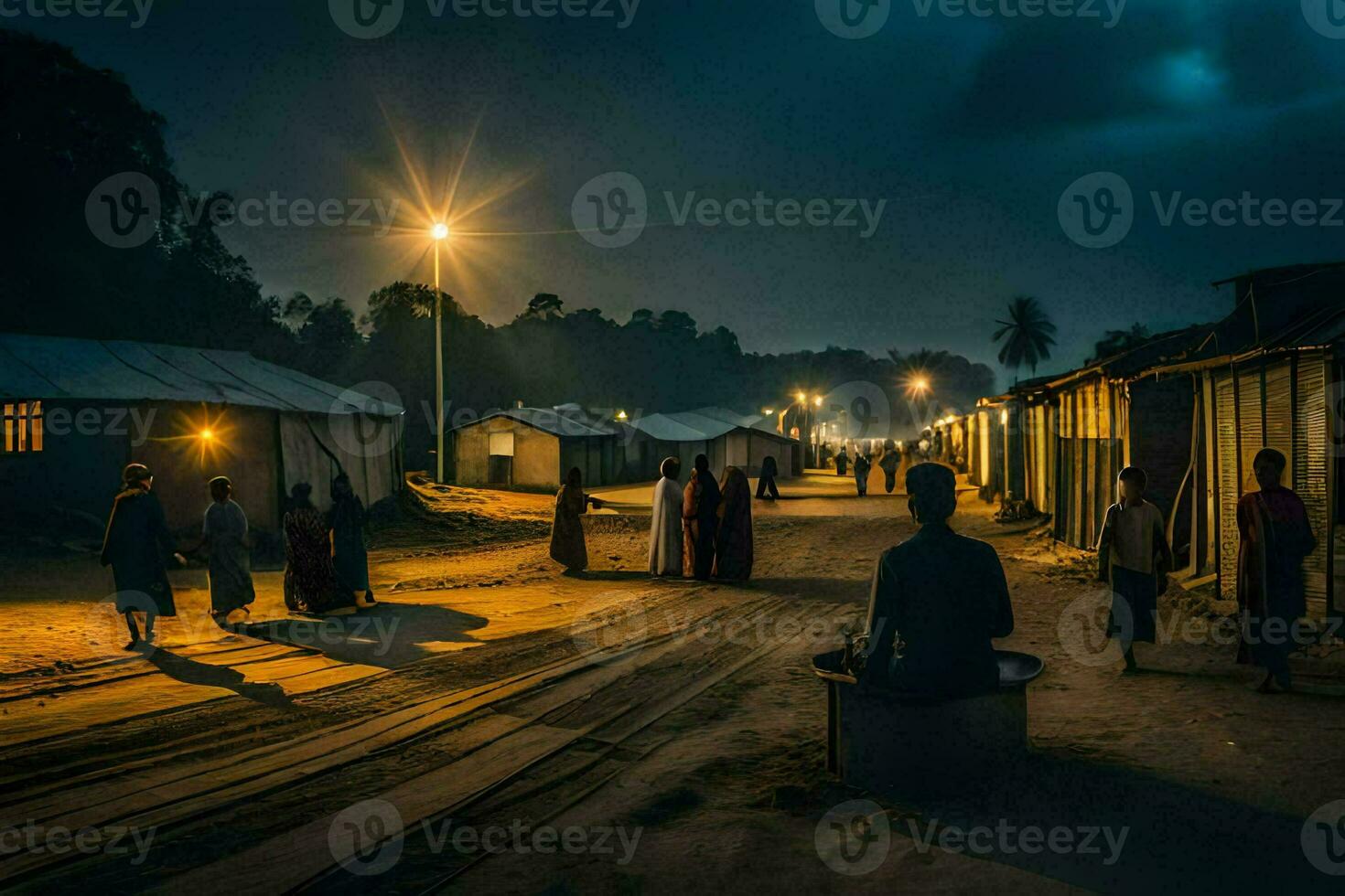 un calle a noche con personas caminando alrededor. generado por ai foto