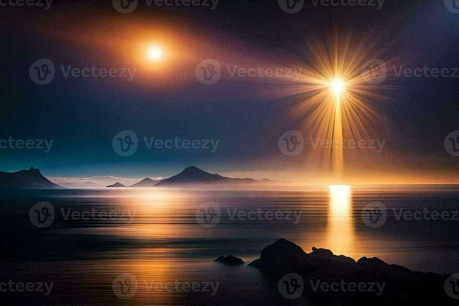 the sun shines over the ocean and rocks. AI-Generated photo