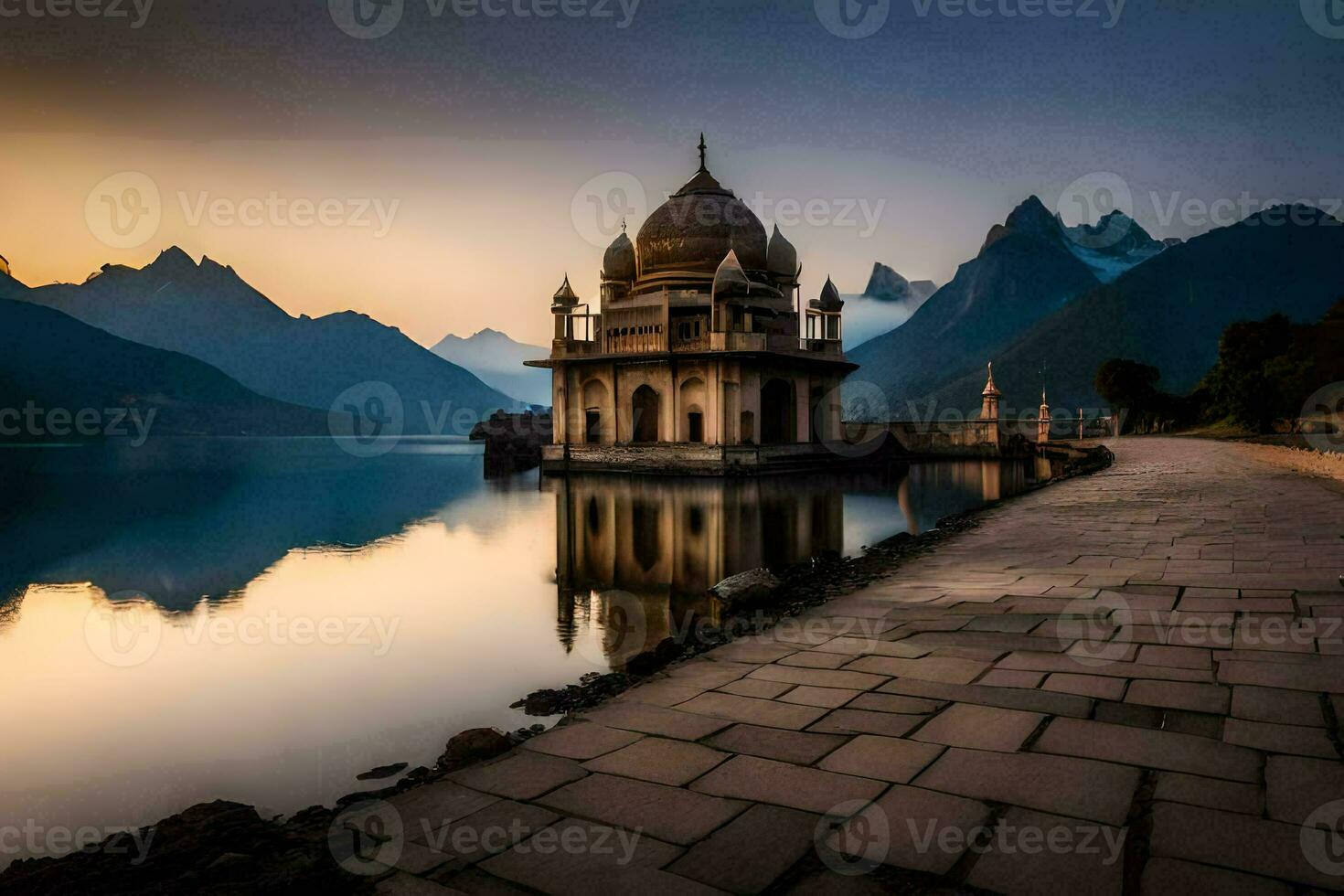 the lake is surrounded by mountains and a temple. AI-Generated photo