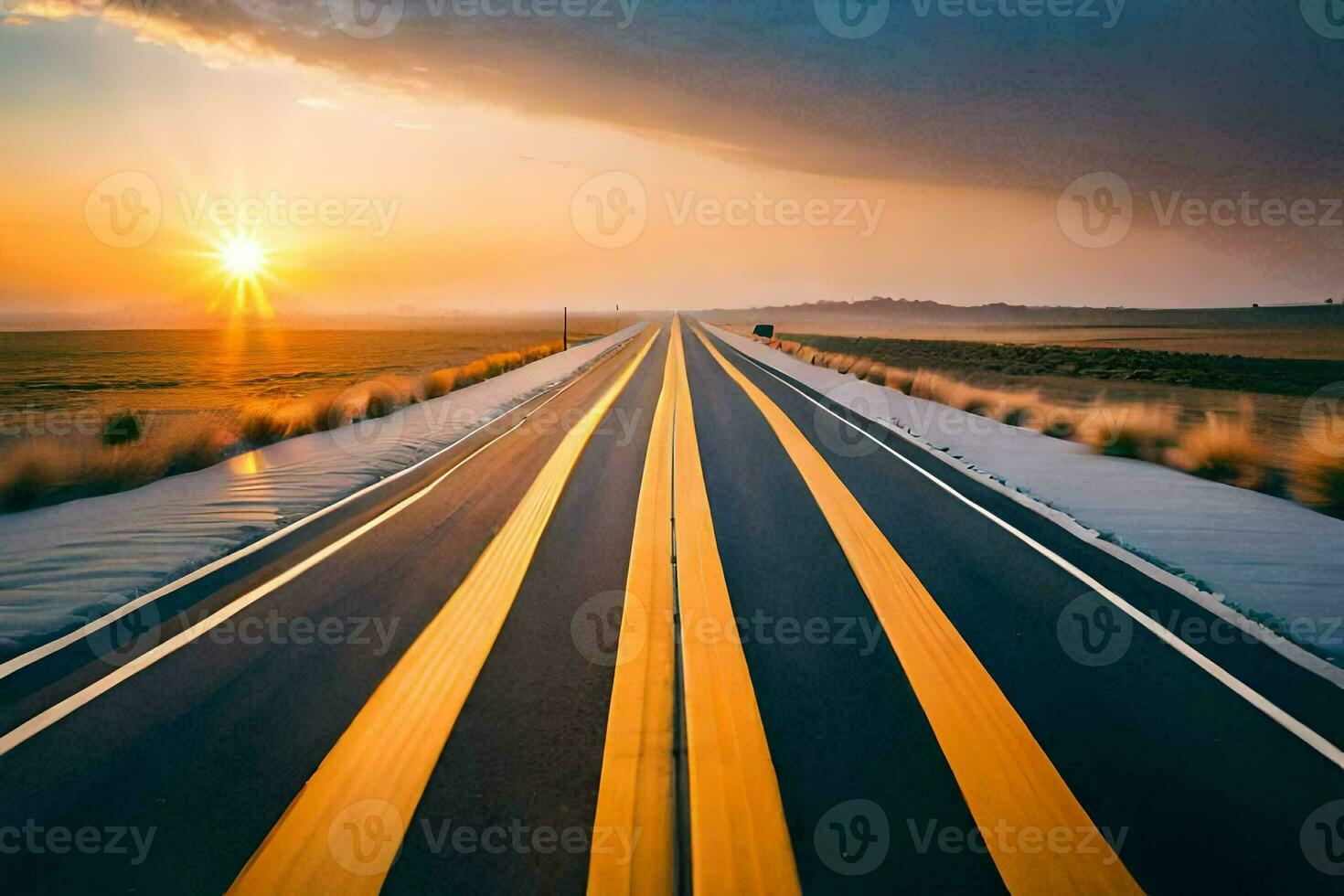 a long empty road with the sun setting in the distance. AI-Generated photo