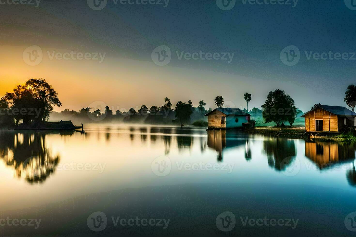 the sun rises over a lake with houses on it. AI-Generated photo