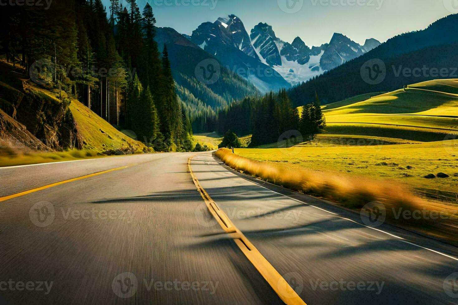a road in the mountains with mountains in the background. AI-Generated photo