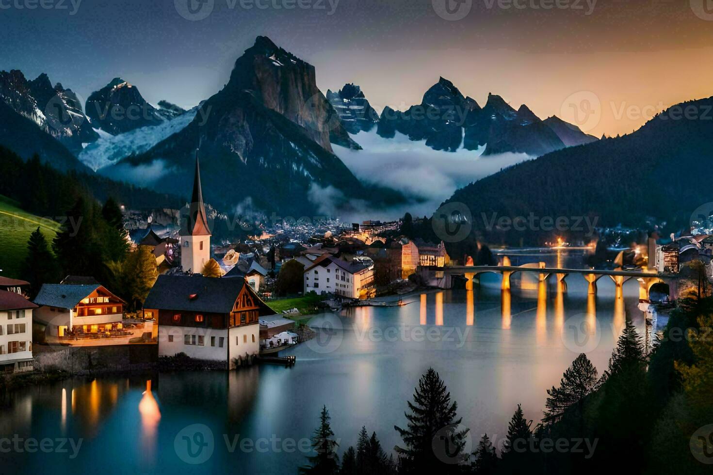 photo wallpaper the sky, mountains, lake, town, house, house, house, house,. AI-Generated