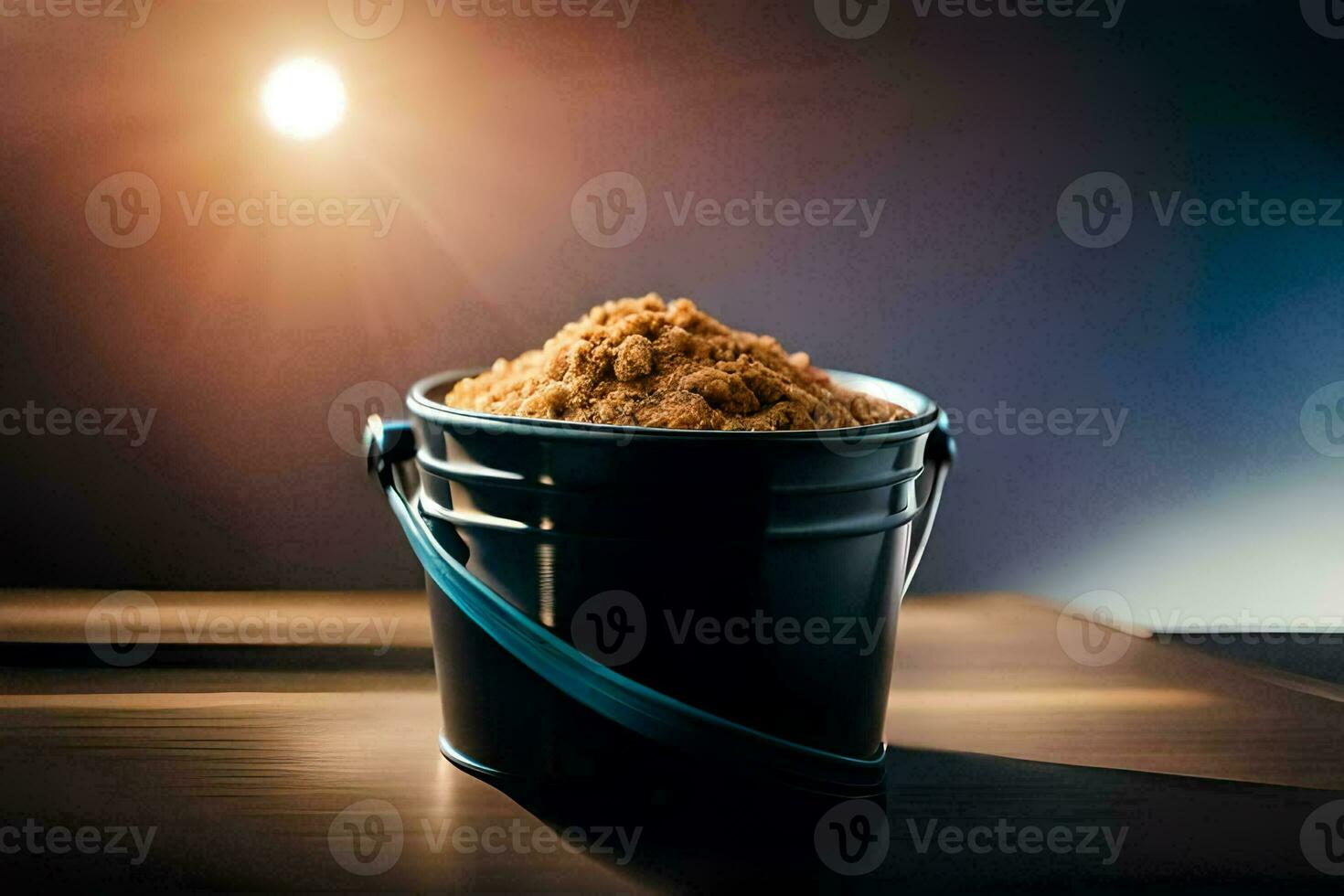 a bucket of sand on a table. AI-Generated photo