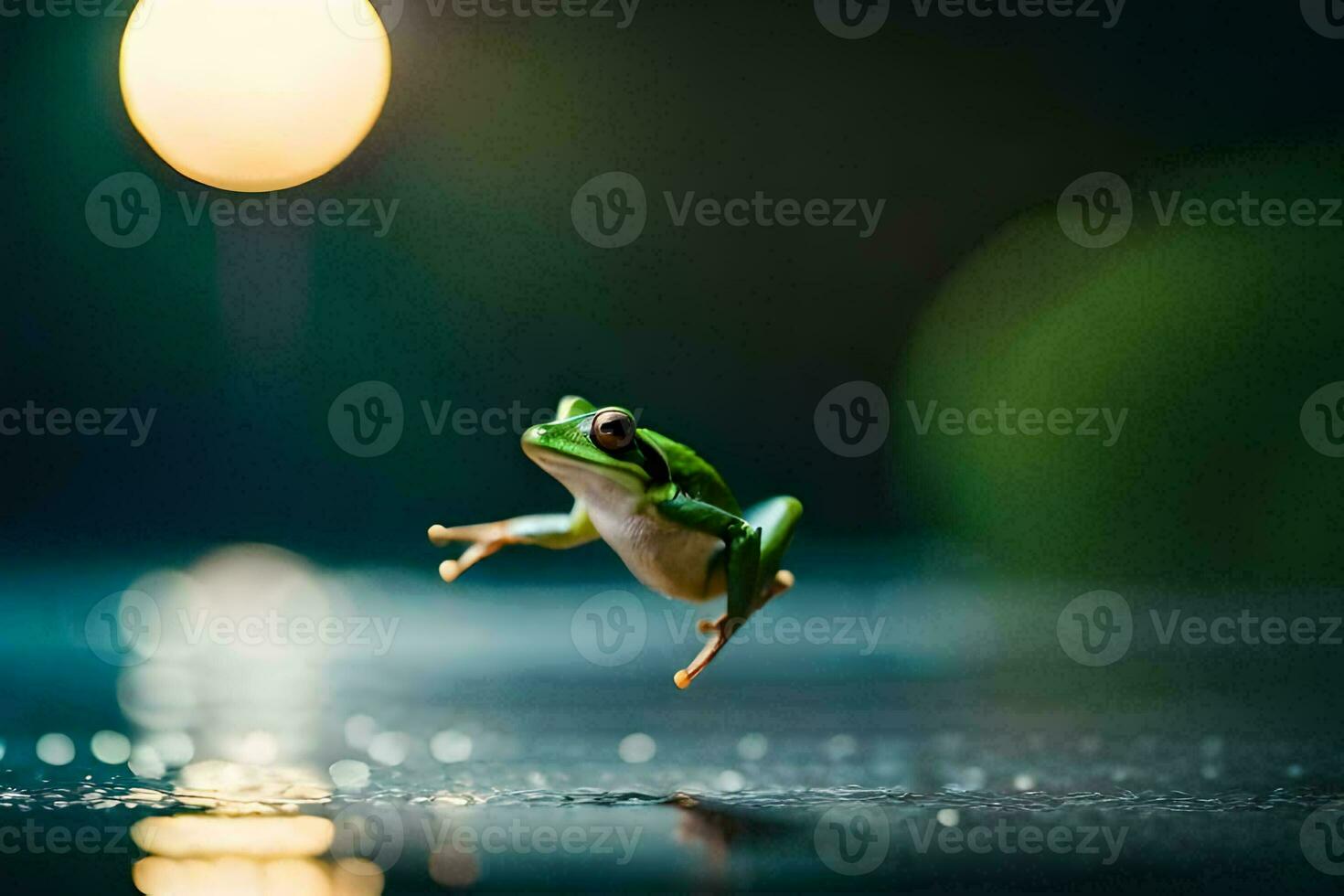 a frog jumping into the air on a wet surface. AI-Generated photo